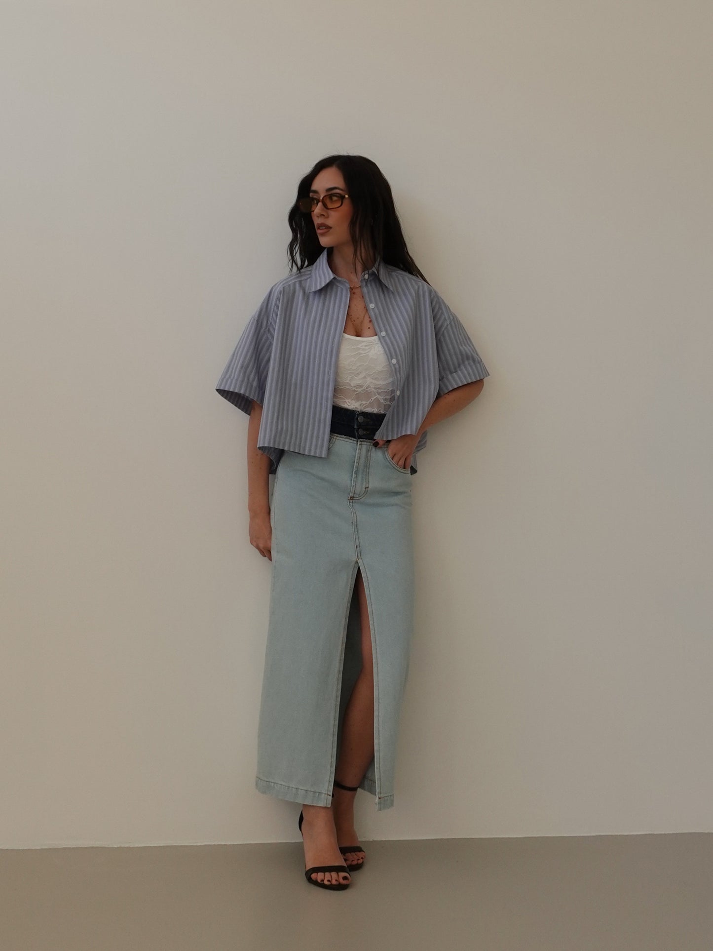 CAMICIA CROP A RIGHE - AZZURRO 81288