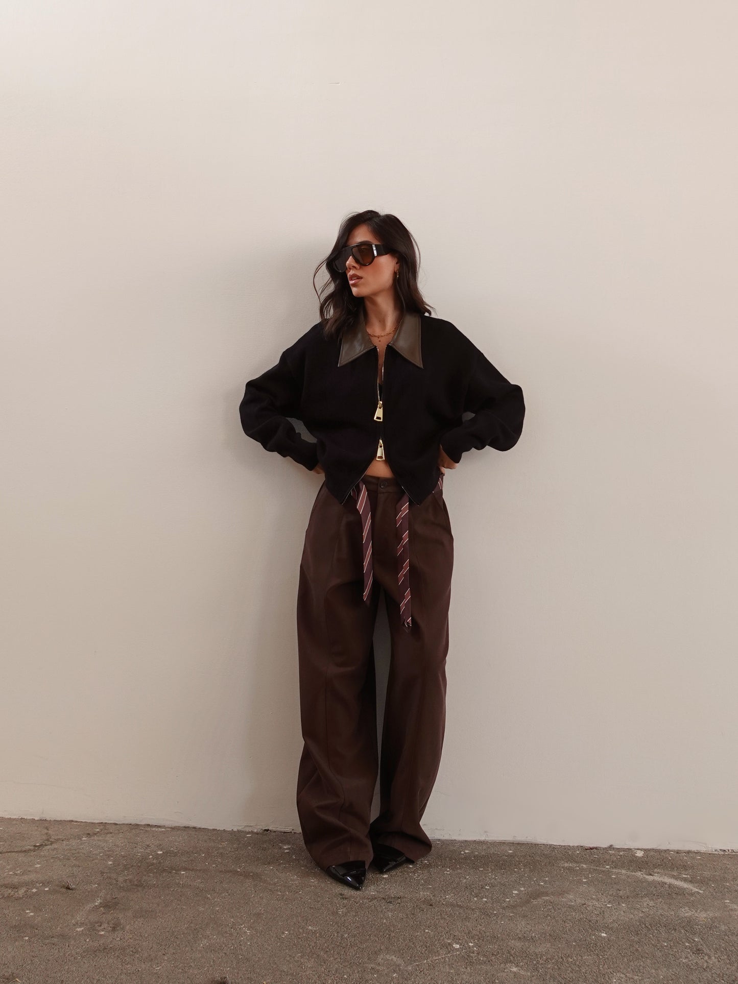 MAGLIONCINO CON ZIP E COLLETTO IN ECOPELLE - NERO 14569