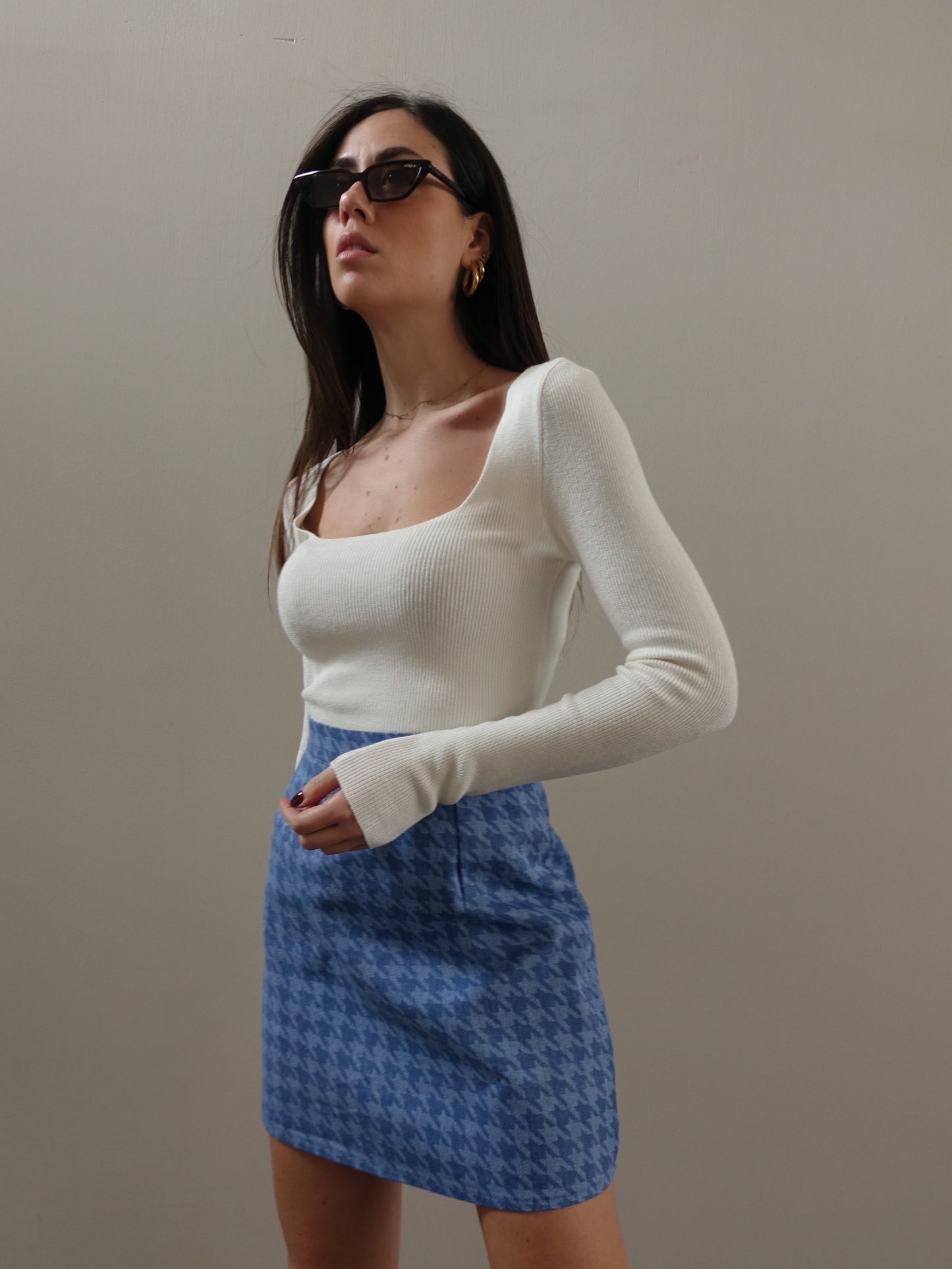 GONNA IN DENIM PIED DE POULE - AZZURRO/BLU