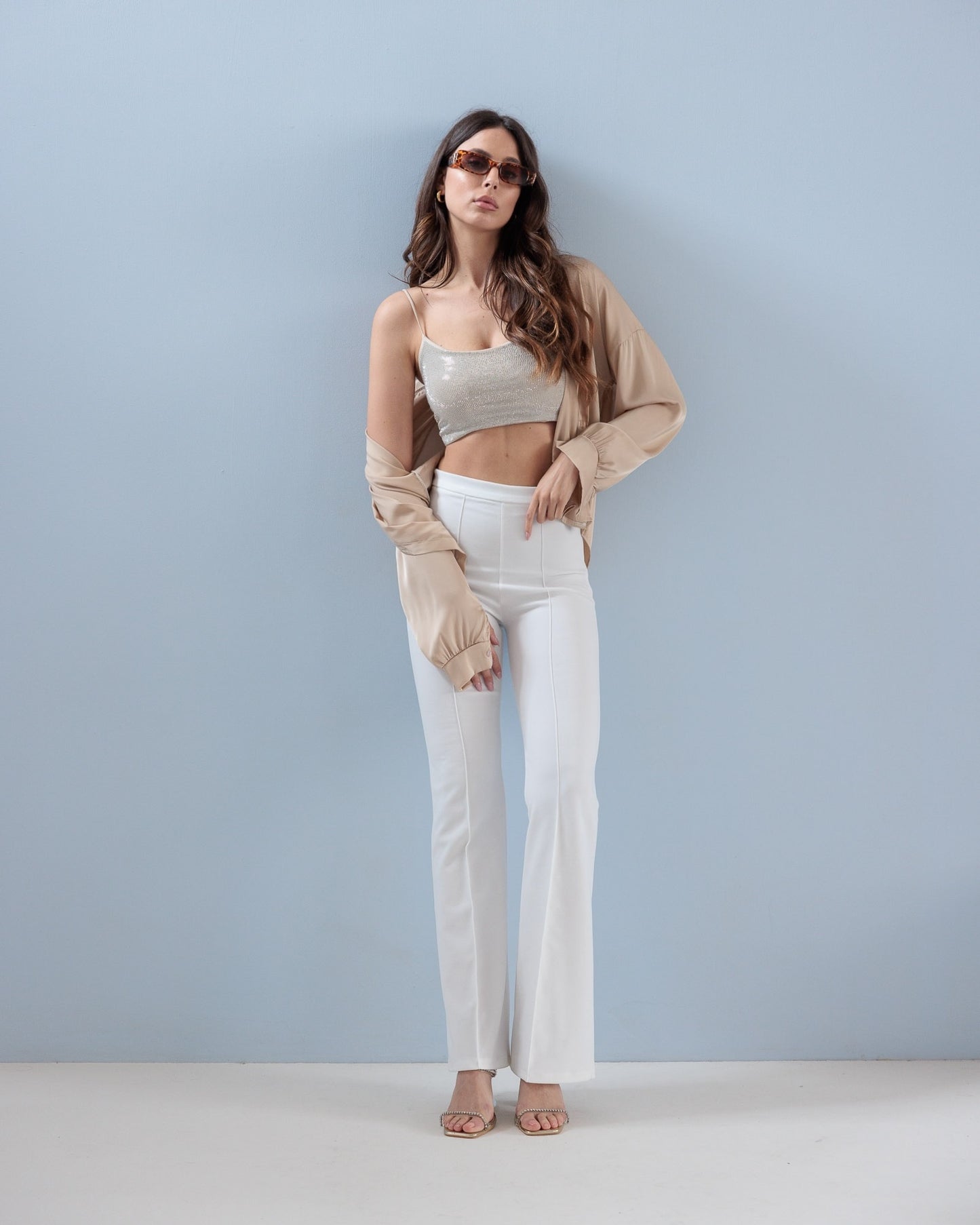 PANTALONI A ZAMPA CON ZIP LATERALE - BIANCO 590
