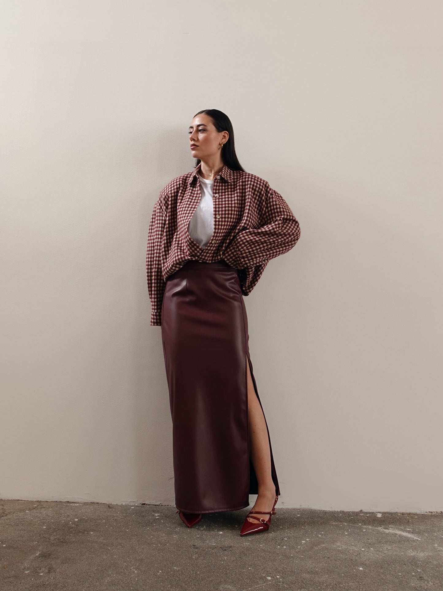 GONNA LONGUETTE IN ECOPELLE CON SPACCO - BURGUNDY 67097