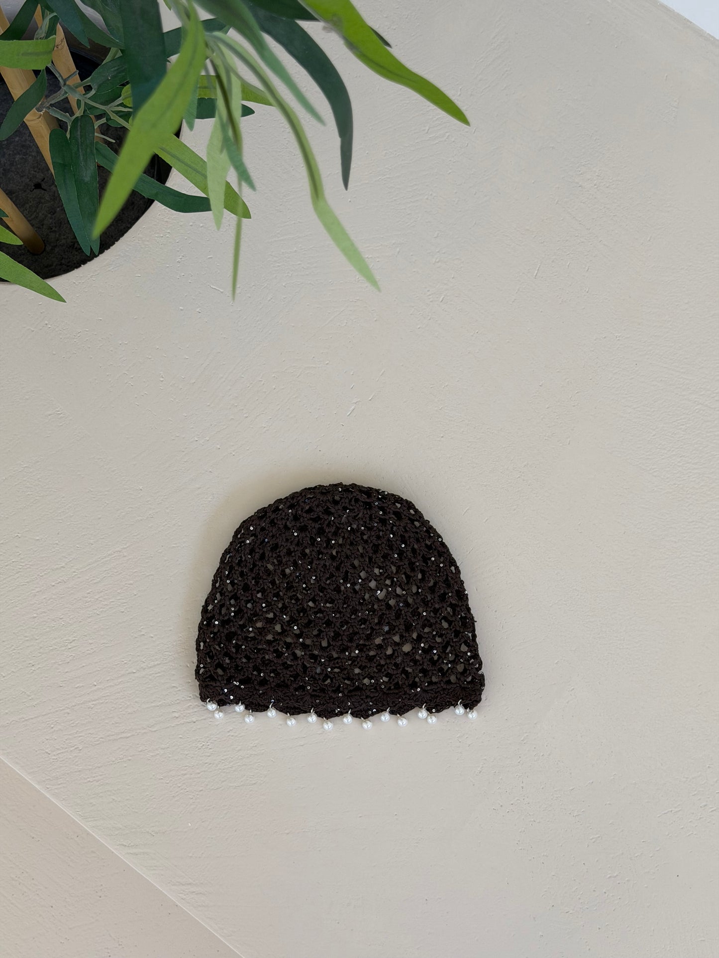 CUFFIETTA CROCHET CON PERLINE - CIOCCOLATO