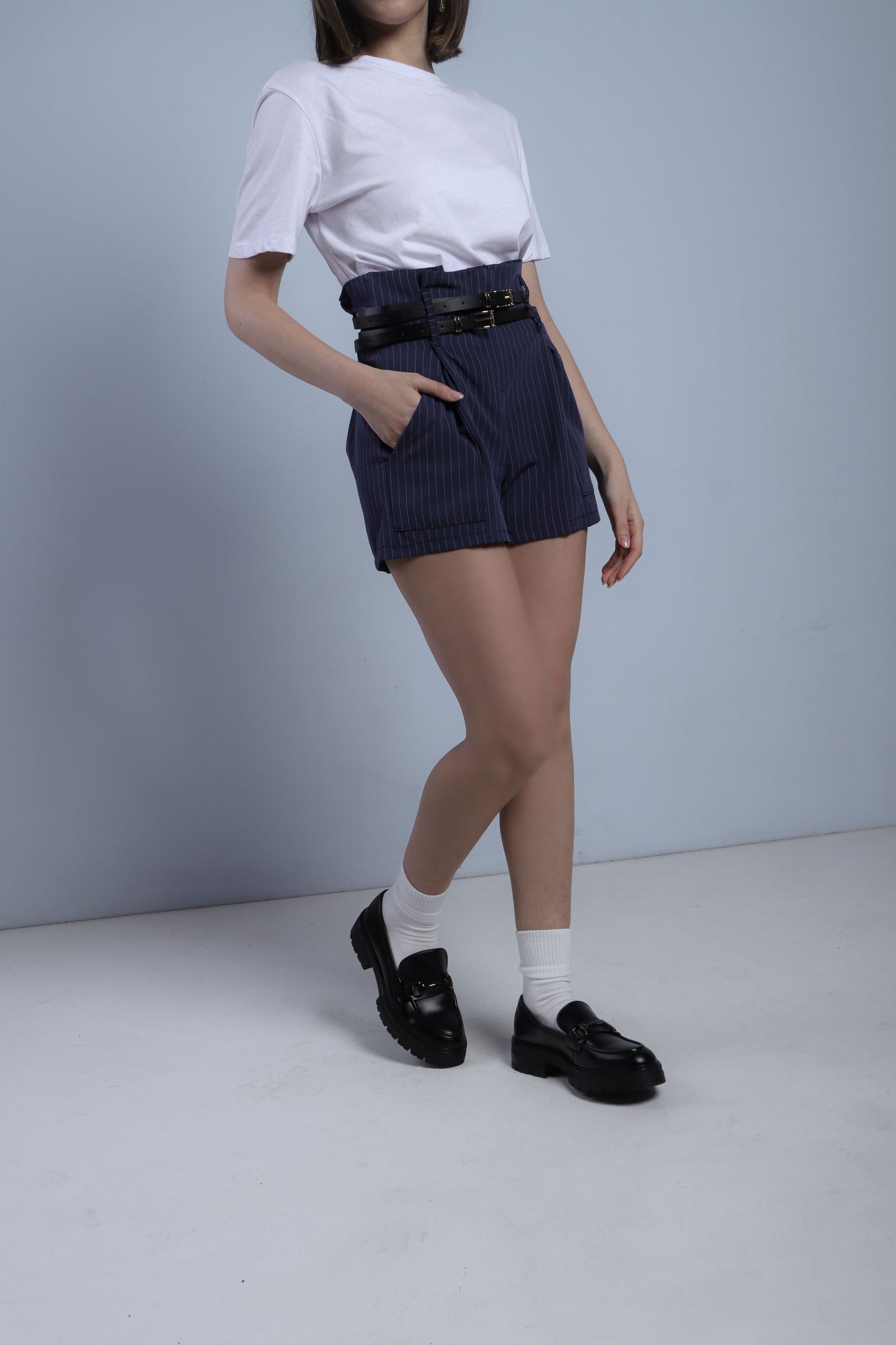 SHORTS GESSATI CON CINTURINI - BLU 30887