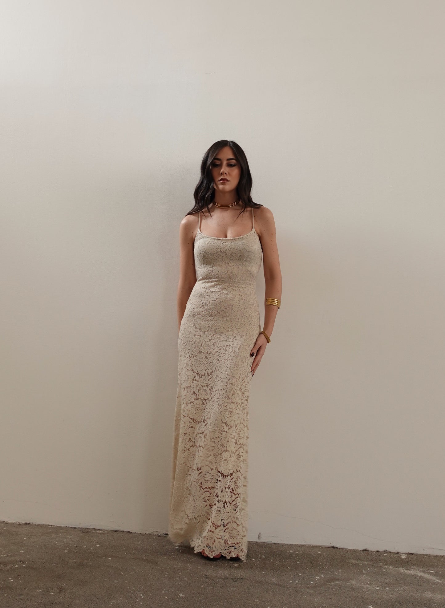 LONG DRESS IN MACRAME' - CREMA 34305