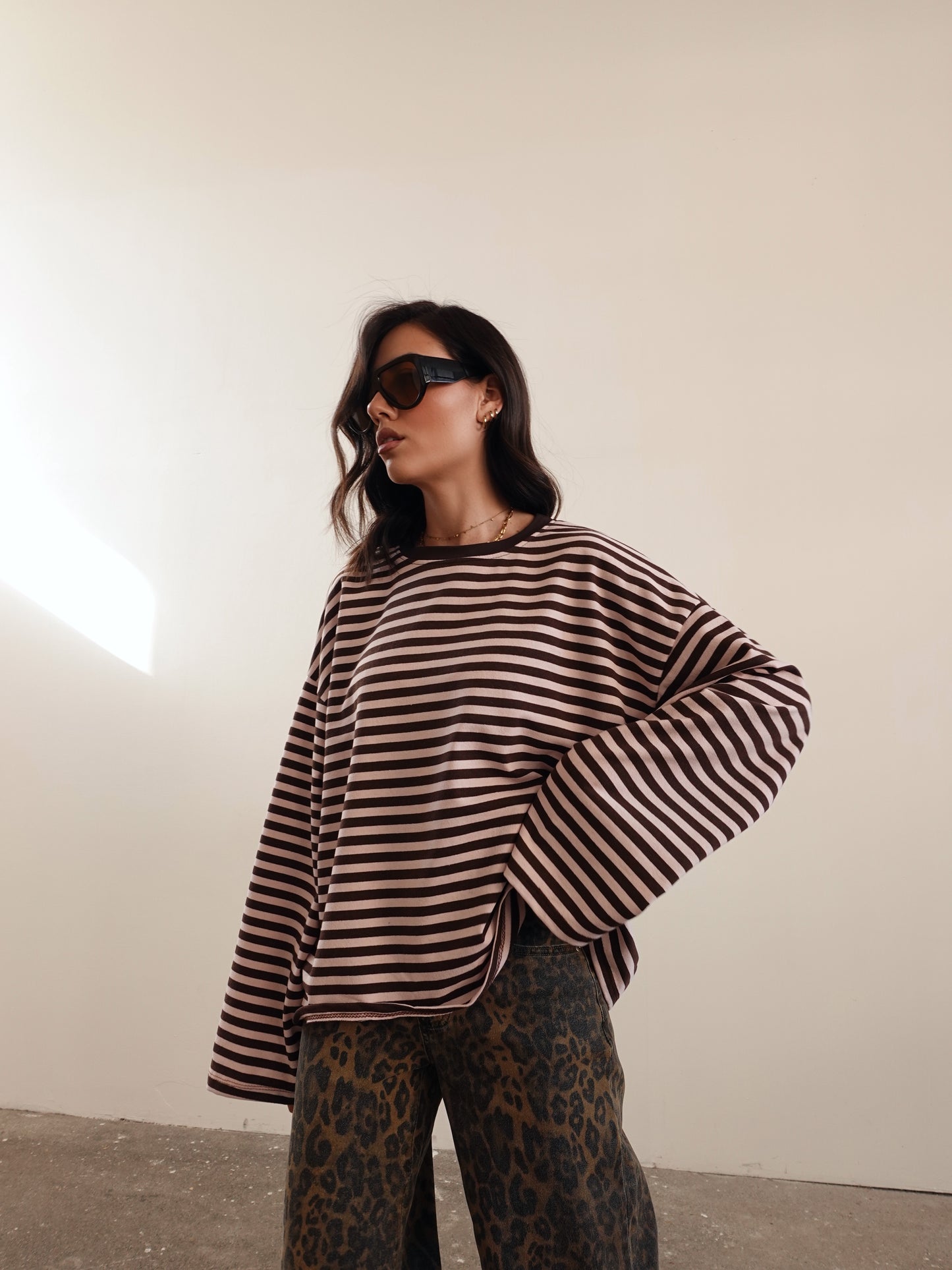 LONG-SLEEVE A RIGHE - ROSA/MARRONE F1109