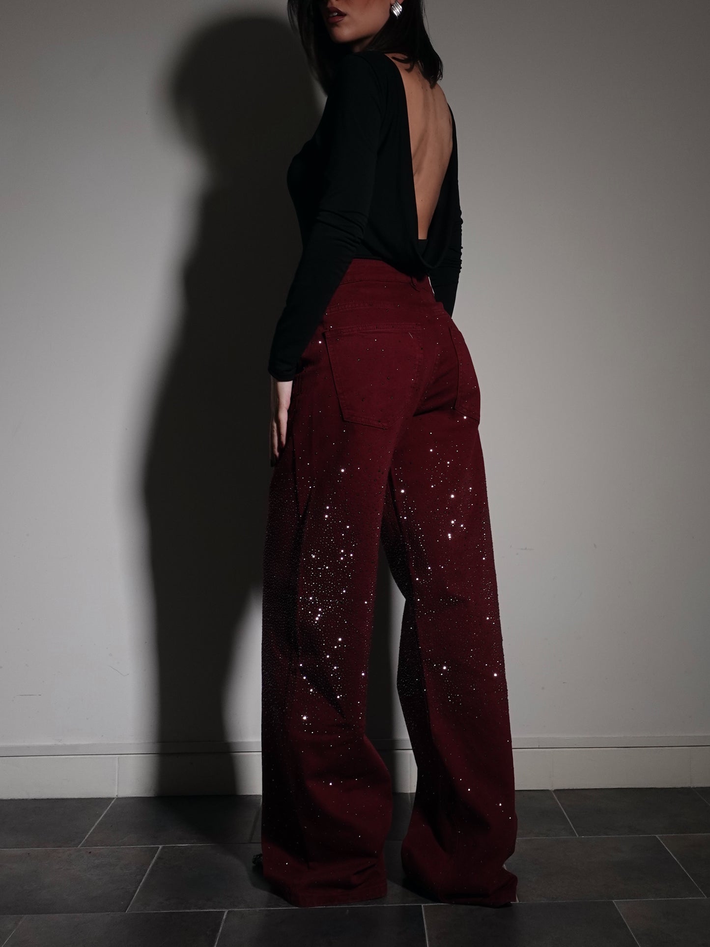 JEANS WIDE LEG CON STRASS - BORDEAUX 3245