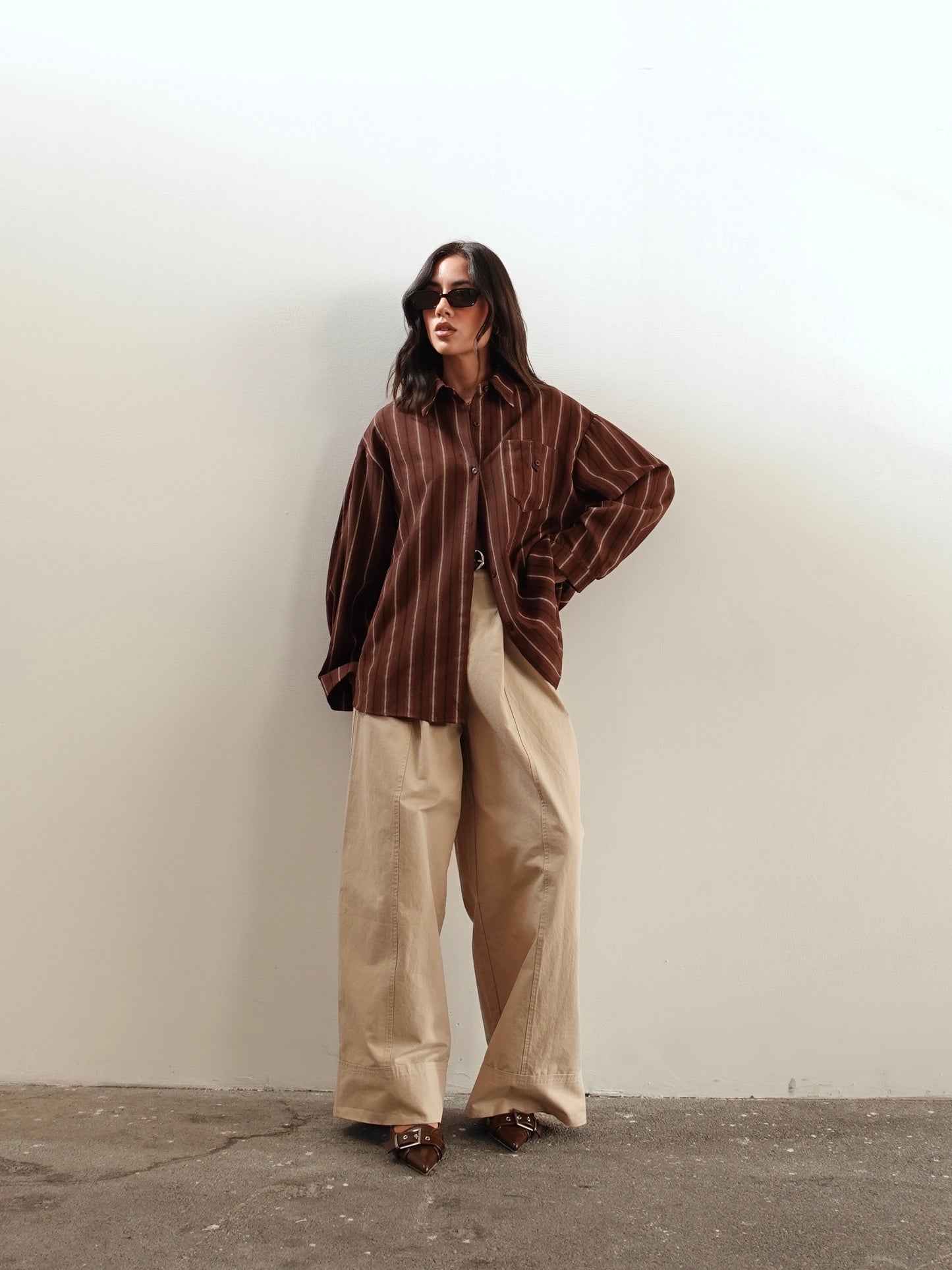 PANTALONI IN COTONE A PALAZZO CON CINTURA - BEIGE 14740