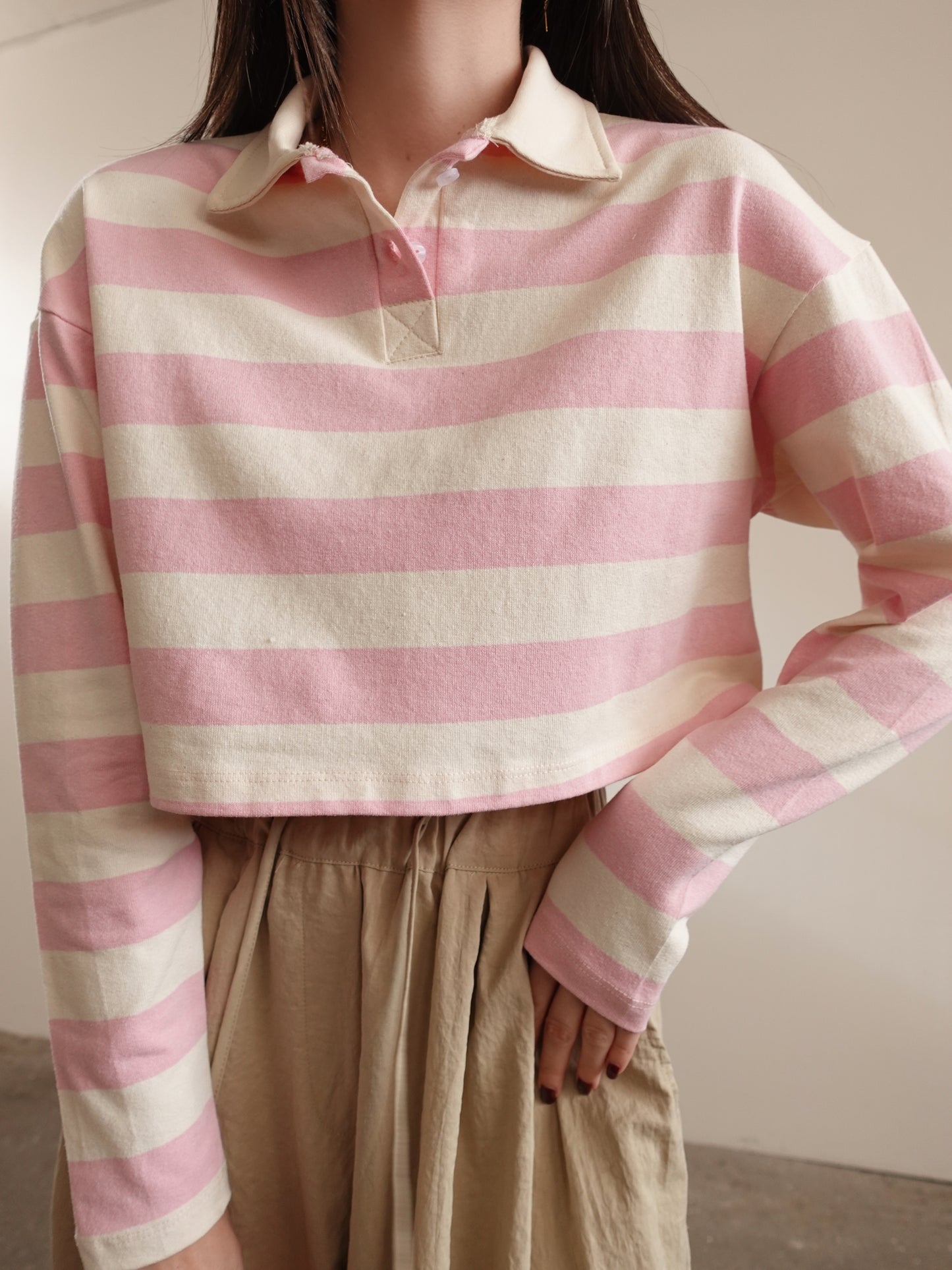 MAGLIA POLO CROP A FASCE - ROSA/PANNA 0015