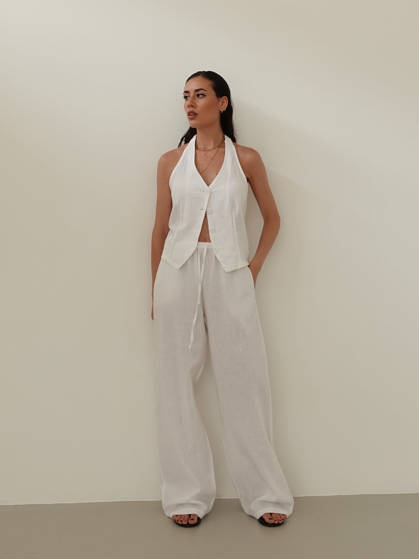 COORDINATO MISTO LINO CON BOTTONCINI - BIANCO 1363/65
