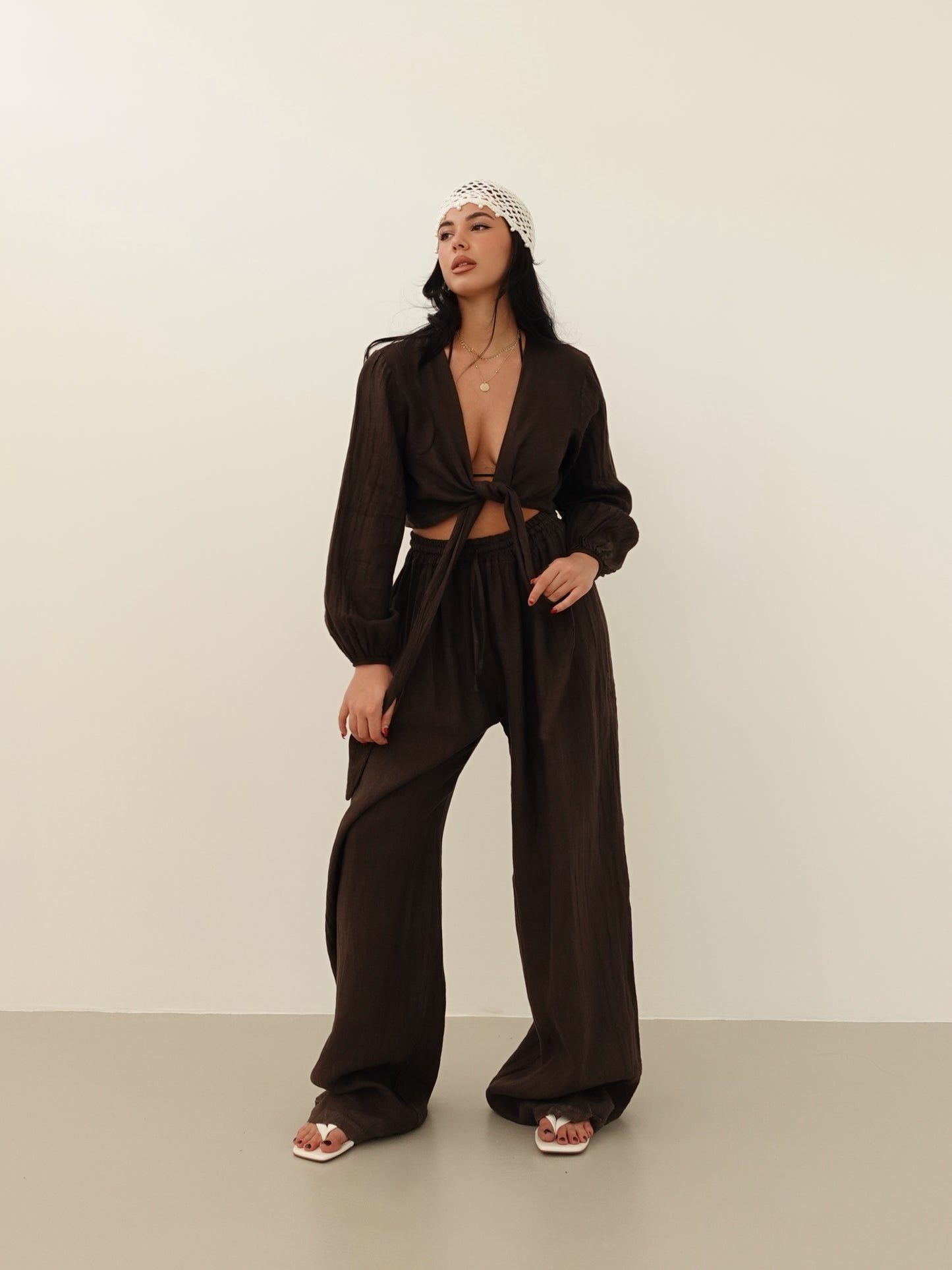 PANTALONI GAMBA AMPIA CON LACCETTI IN 100% LINO - CIOCCOLATO 6978