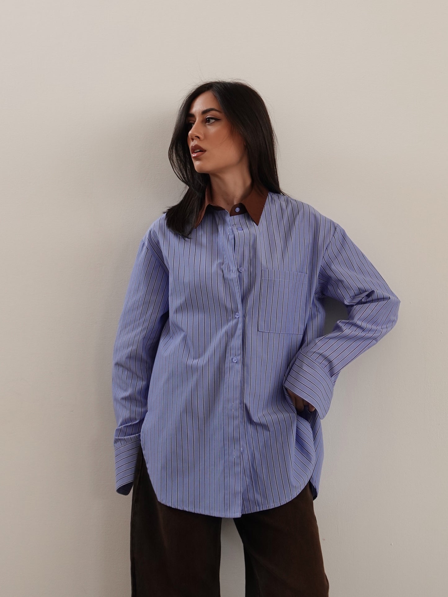CAMICIA A RIGHE CON COLLETTO A CONTRASTO - AZZURRO/MARRONE 5073