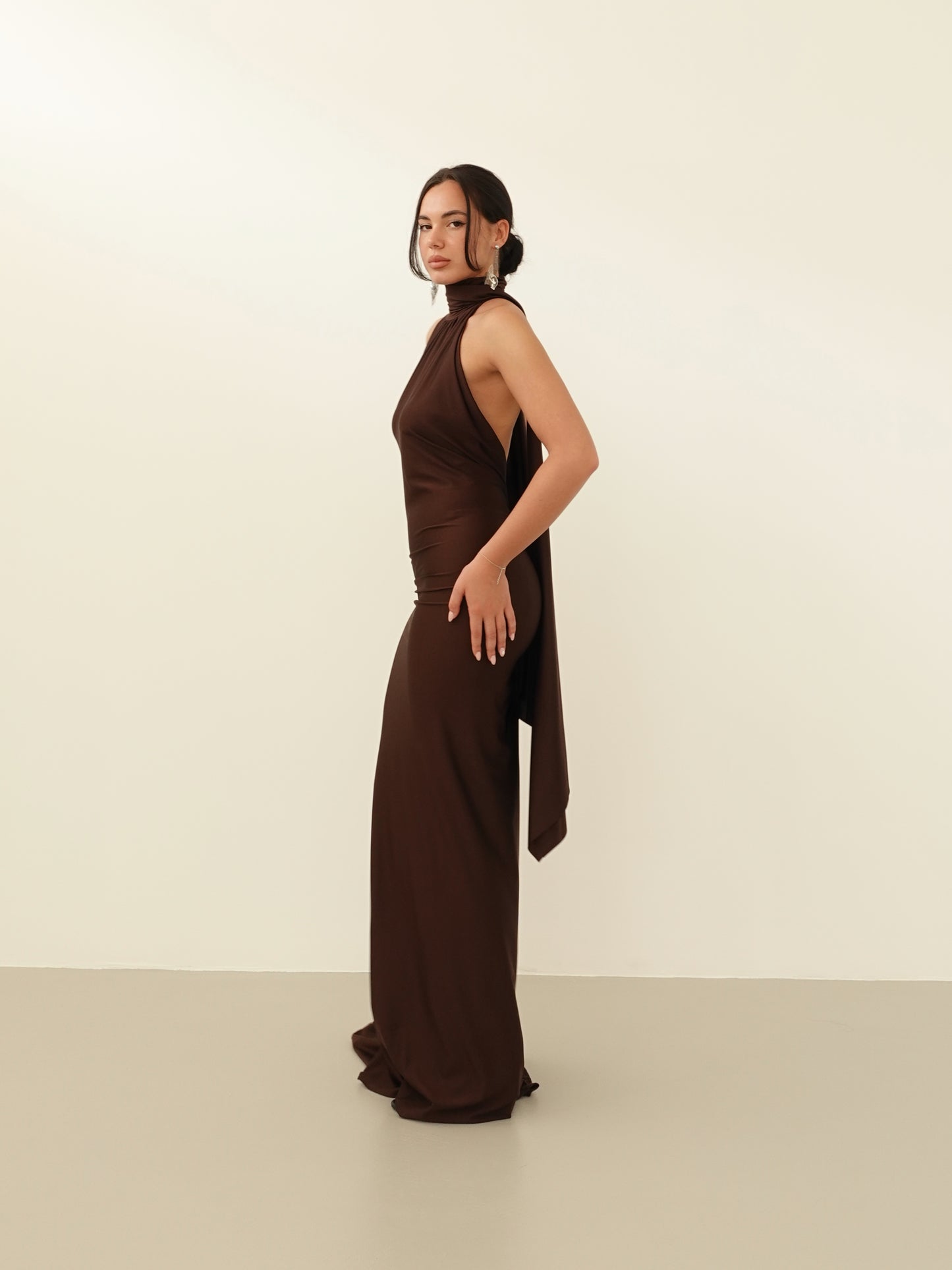 LONG DRESS SATIN PENELOPE - CIOCCOLATO 25605