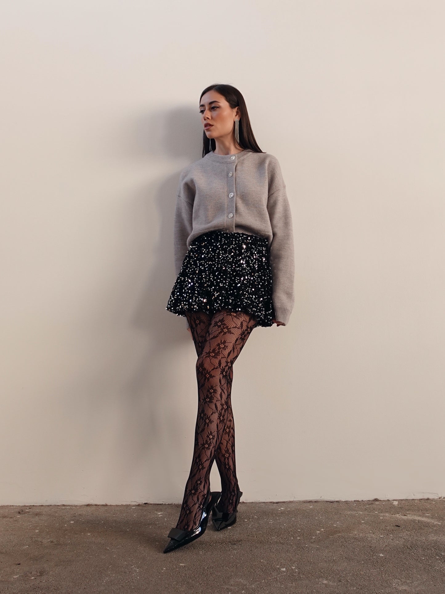 GONNA VELVET CON PAILLETTES ARGENTO - NERO 6687