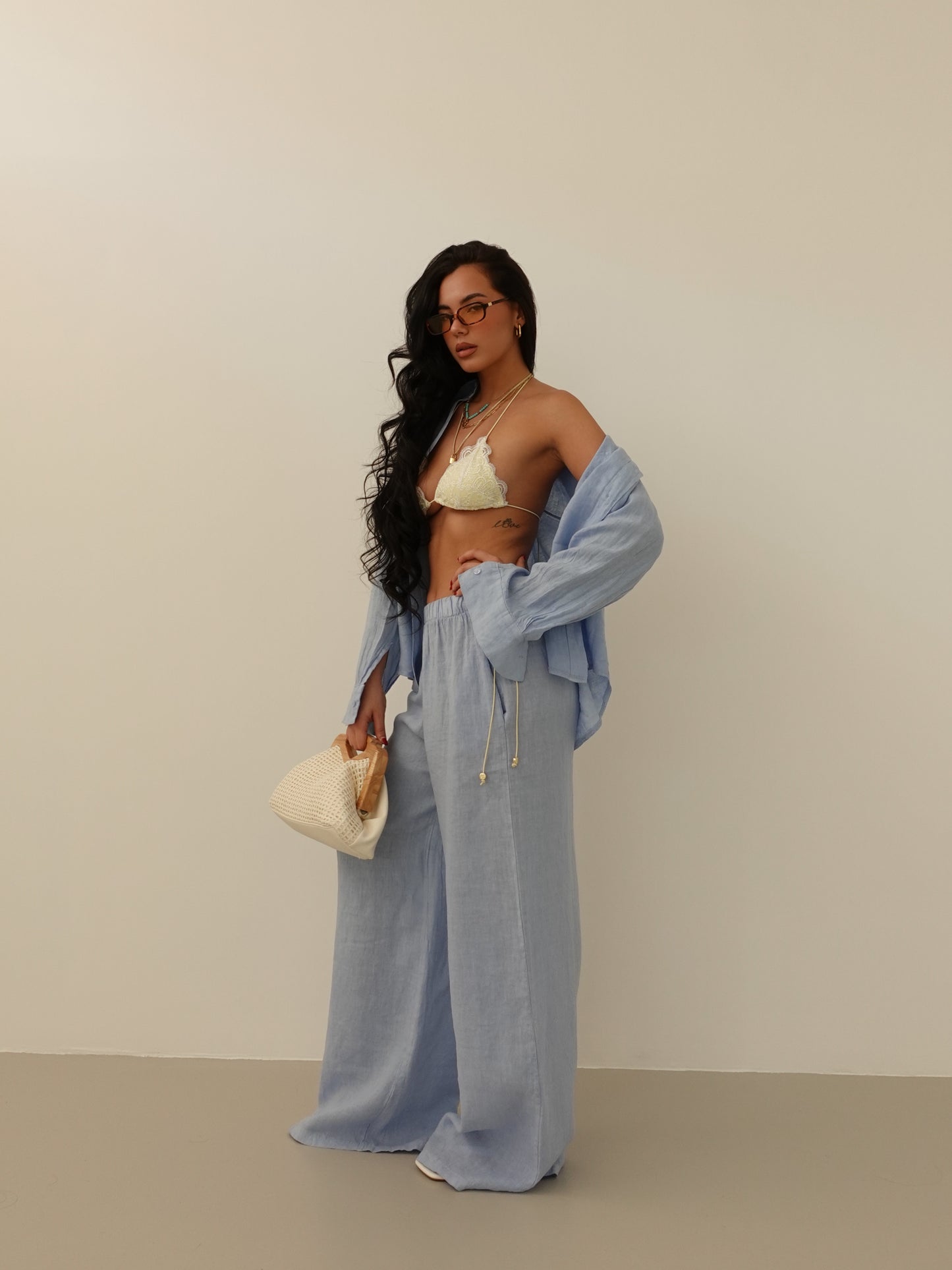 PANTALONI WIDE LEG 100% LINO - AZZURRO 8767-2