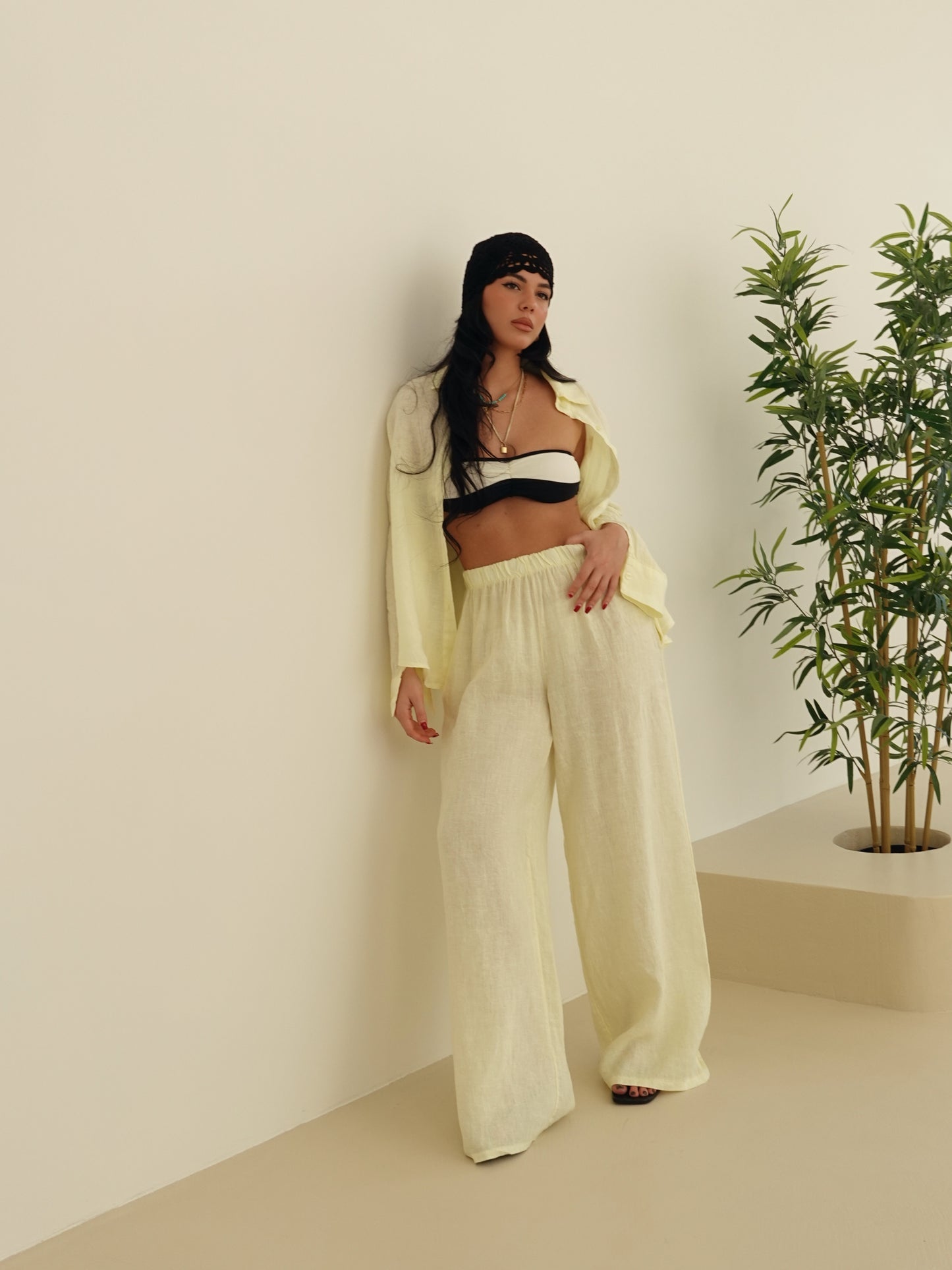 PANTALONI WIDE LEG 100% LINO - GIALLO 8767-2