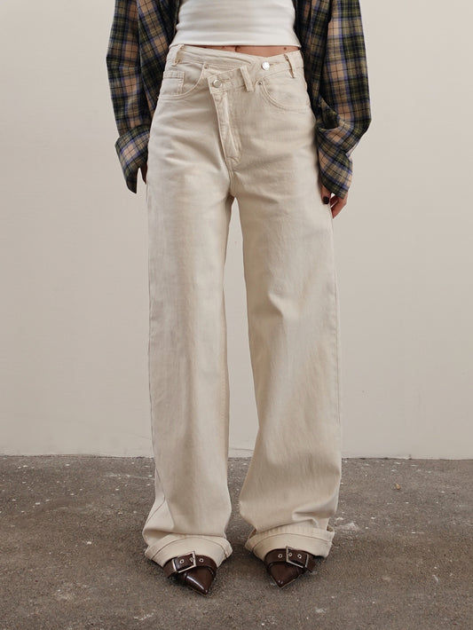 JEANS VITA ASIMMETRICA WIDE LEG - BEIGE 3581