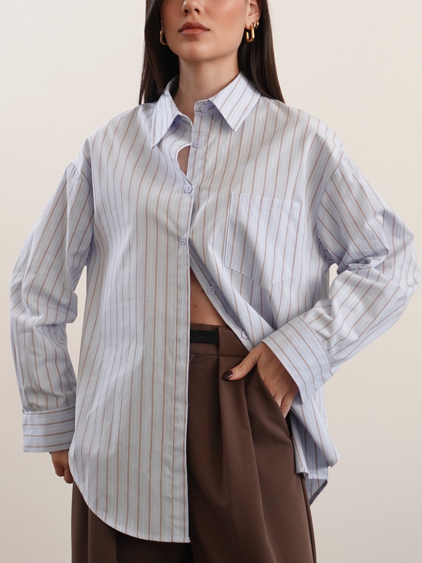 CAMICIA OVERSIZE A RIGHE - AZZURRO/CAMEL 17216