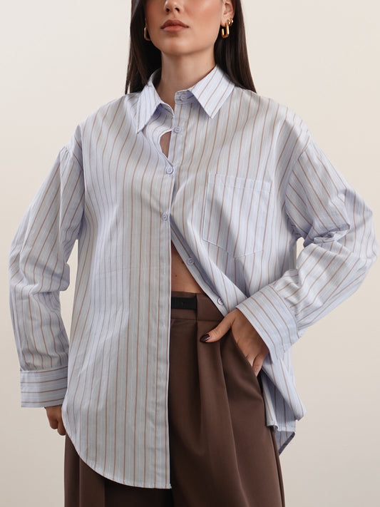CAMICIA OVERSIZE A RIGHE - AZZURRO/CAMEL 17216