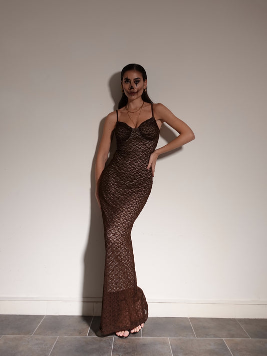 LONG DRESS LACE CON COPPETTE - MARRONE 6288