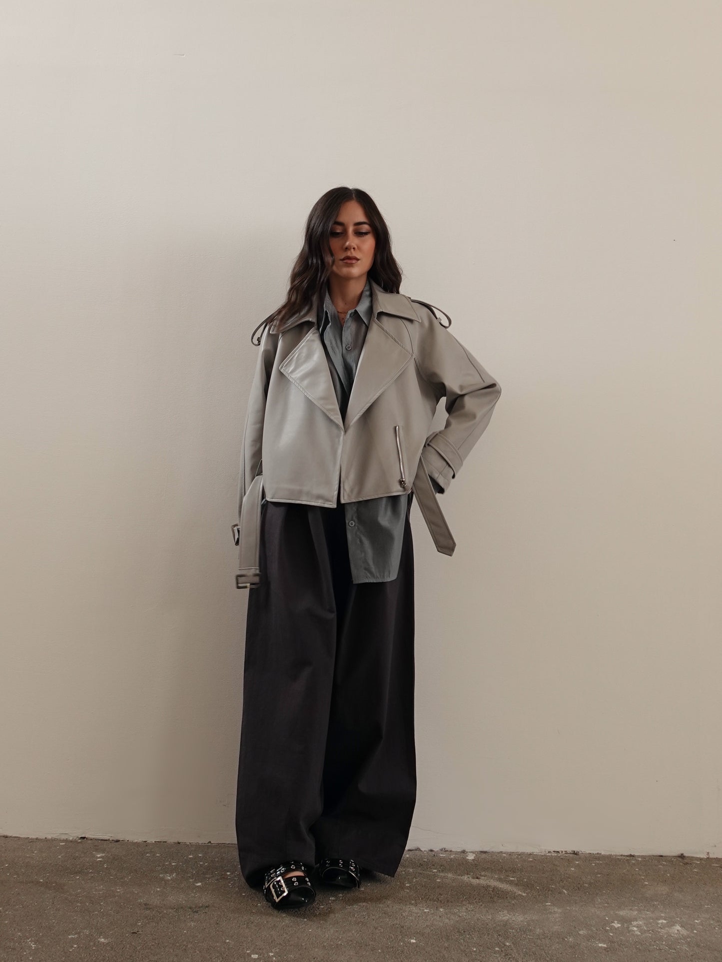 PANTALONI IN COTONE BAGGY BALLOON CON CINTURA - GRIGIO 14741