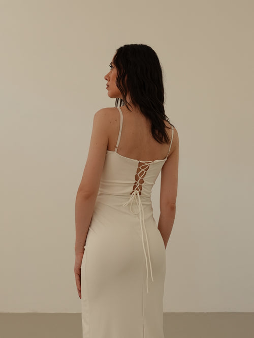 LONG DRESS CON BORDINO IN PIZZO - PANNA 6039