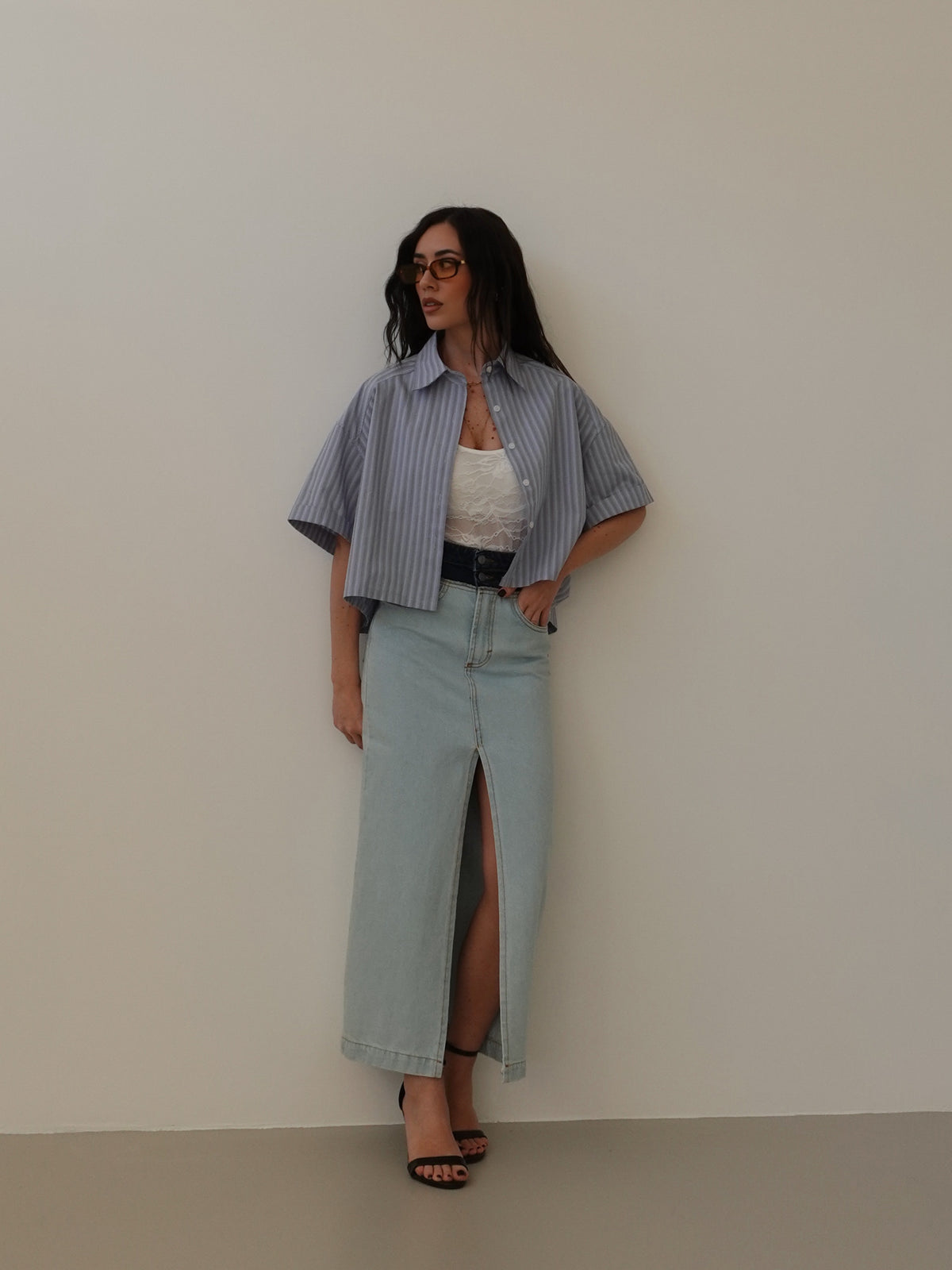 CAMICIA CROP A RIGHE - AZZURRO 81288