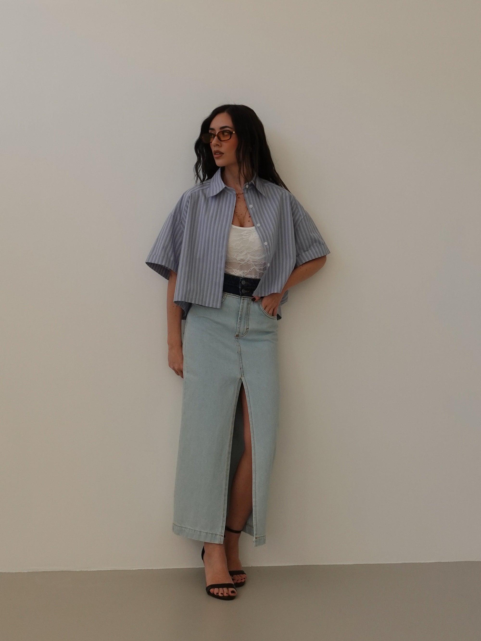 CAMICIA CROP A RIGHE - AZZURRO 81288