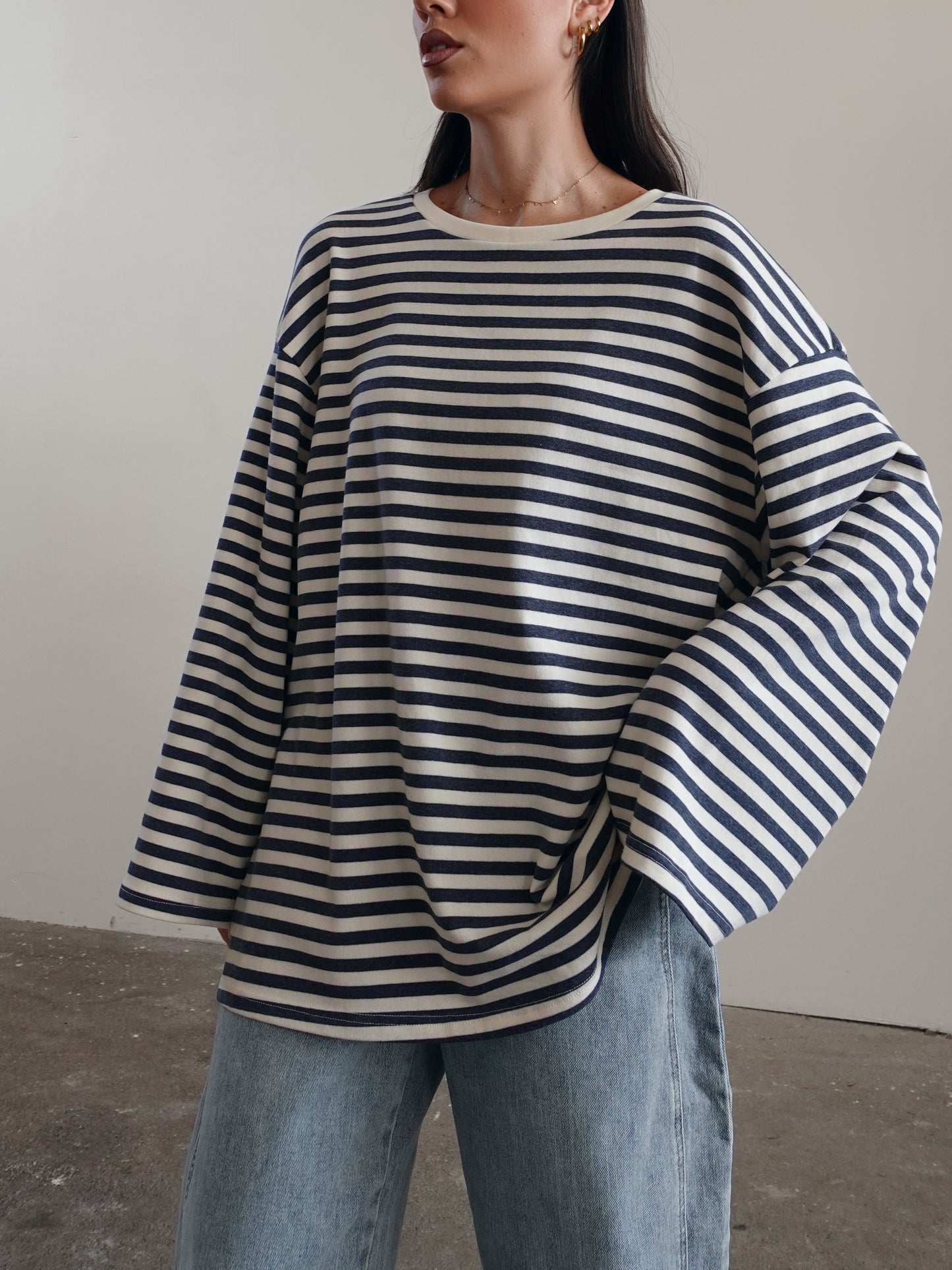 LONG-SLEEVE OVERSIZE A RIGHE - PANNA/BLU NAVY 50057