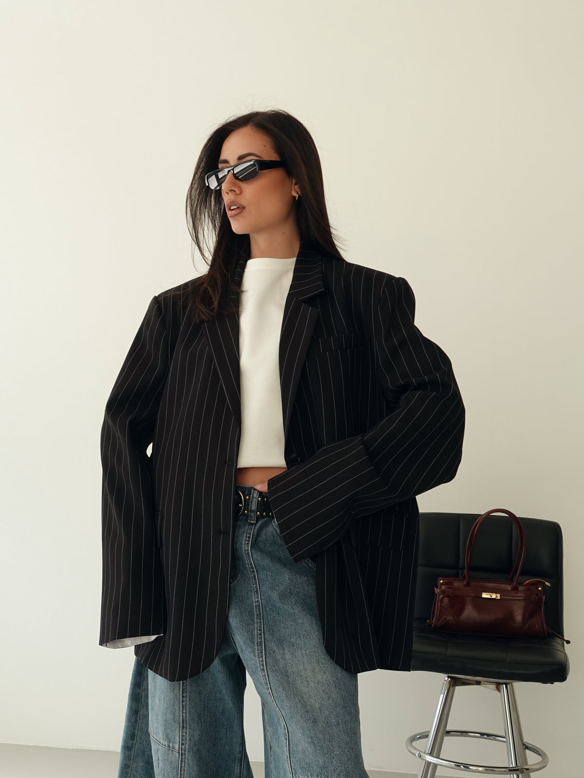 BLAZER GESSATO CON RISVOLTO A CONTRASTO - NERO 3141