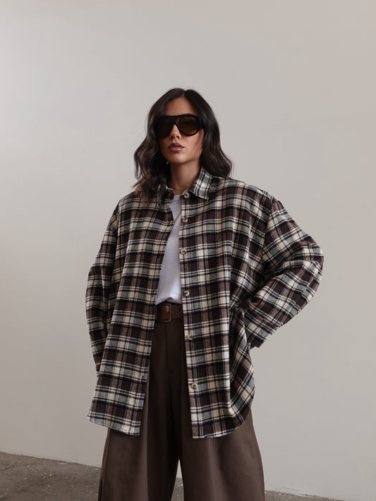 CAMICIA IN FLANELLA A QUADRI CON SPALLINE - MARRONE/PANNA 2636
