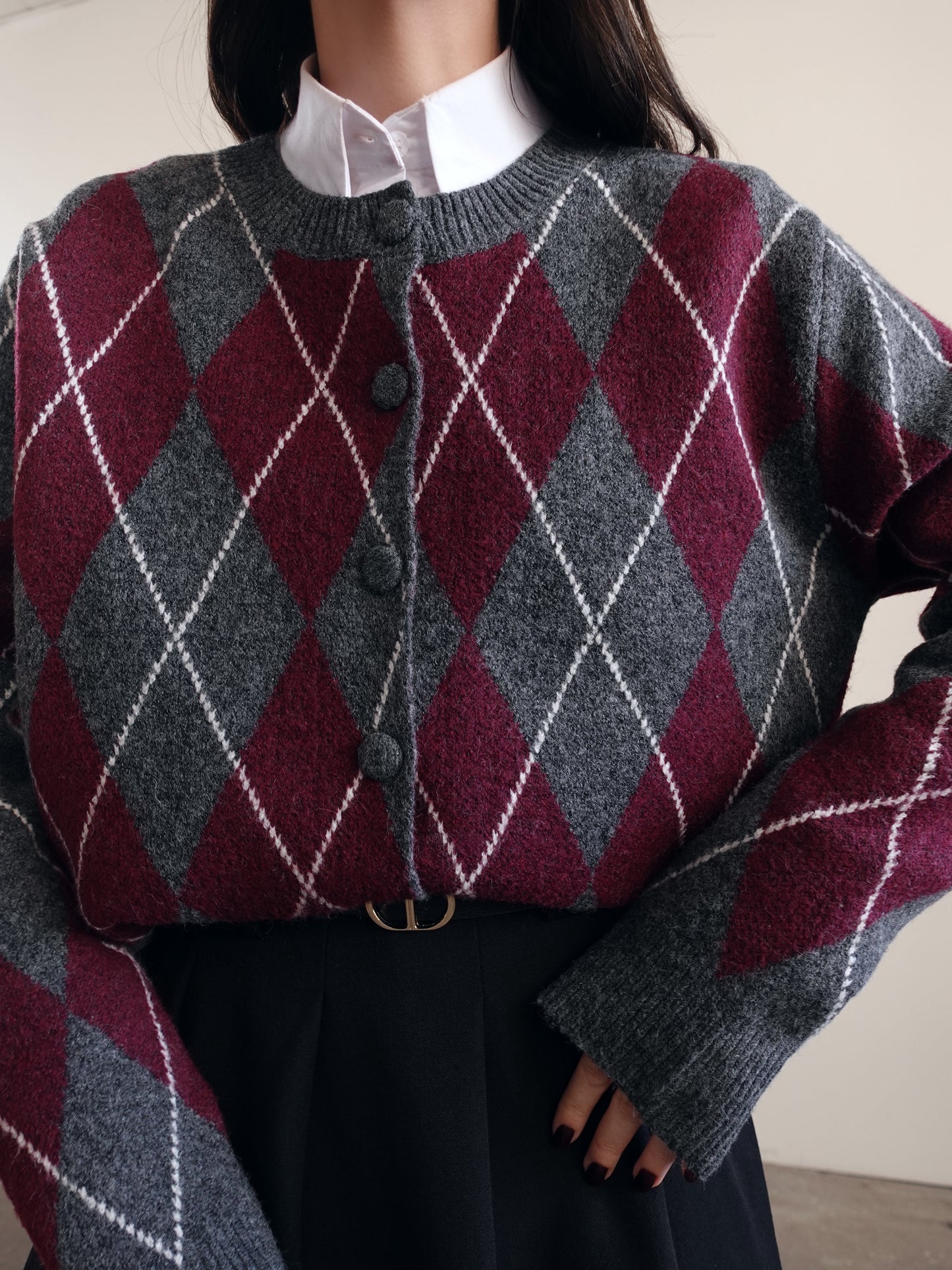 CARDIGAN IN LANA FANTASIA ROMBI - GRIGIO/WINE 8280