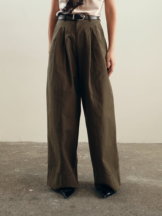 PANTALONI IN COTONE A PALAZZO CON CINTURA - VERDE 14740