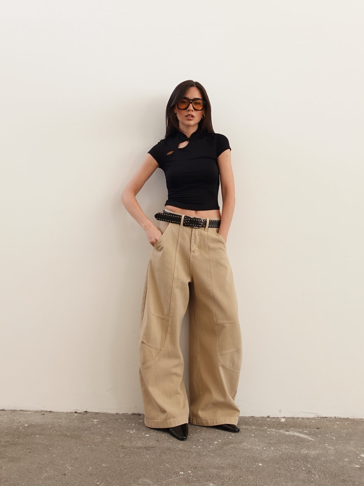 JEANS BAGGY BALLOON BEIGE CON CINTURA 58016