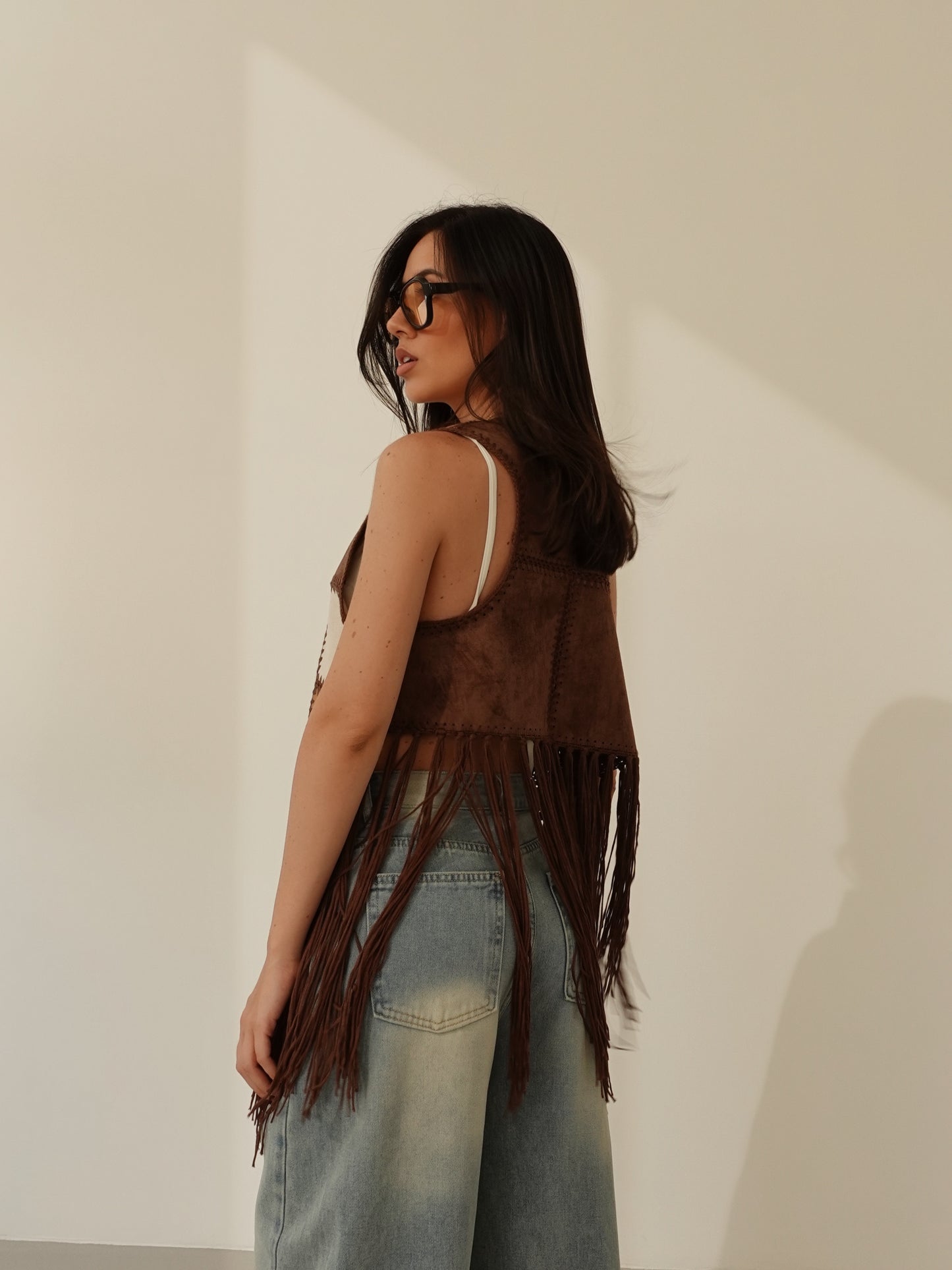 GILET TEXAS CON FRANGE - MARRONE 50111