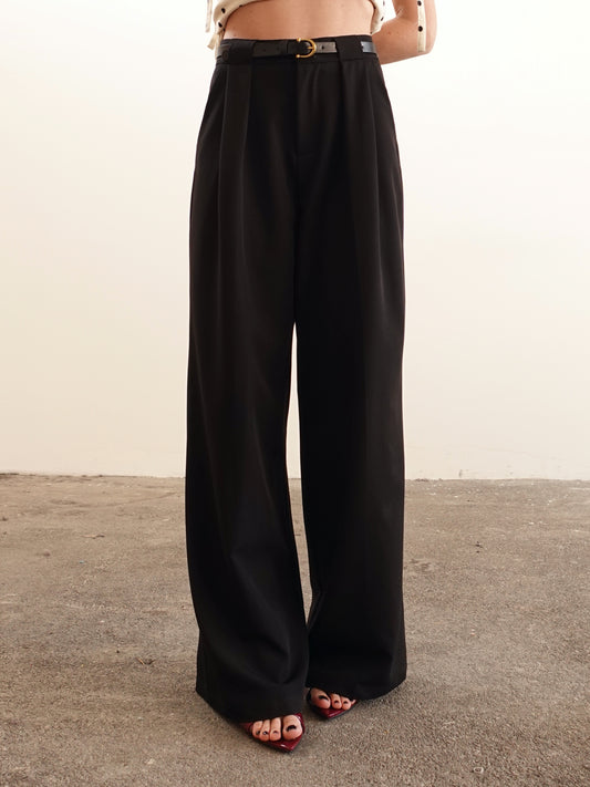 PANTALONI WIDE LEG CON CINTURA - NERO 16088