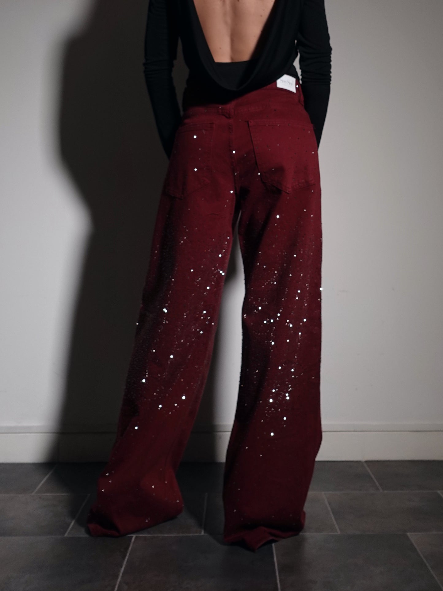 JEANS WIDE LEG CON STRASS - BORDEAUX 3245