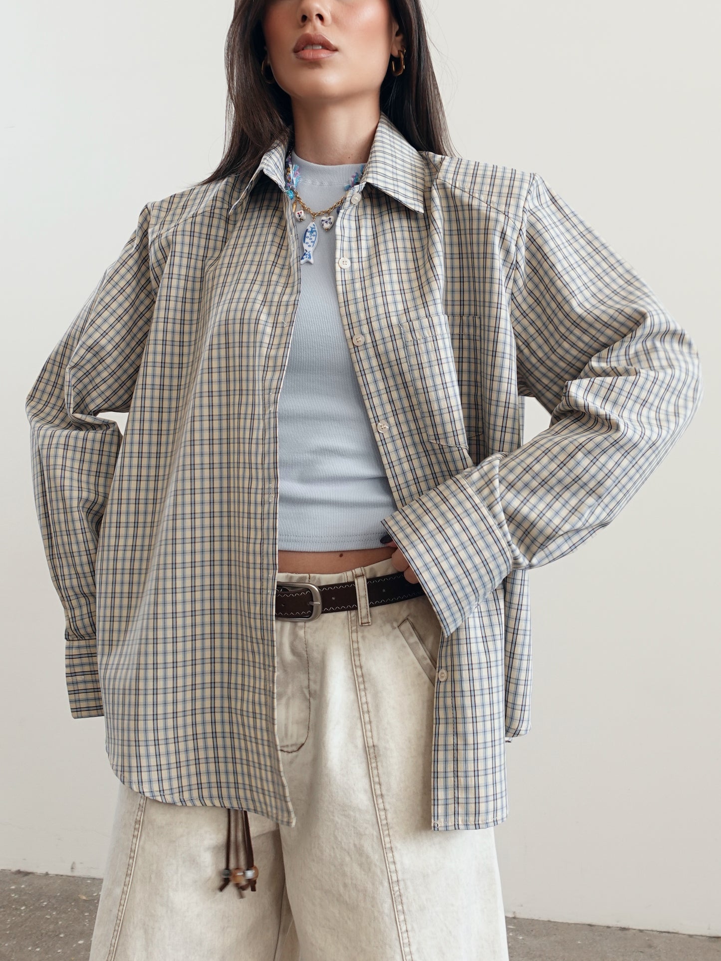 CAMICIA IN COTONE A QUADRI CON SPALLINE - AZZURRO/BEIGE