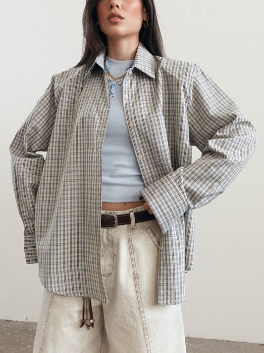 CAMICIA IN COTONE A QUADRI CON SPALLINE - AZZURRO/BEIGE