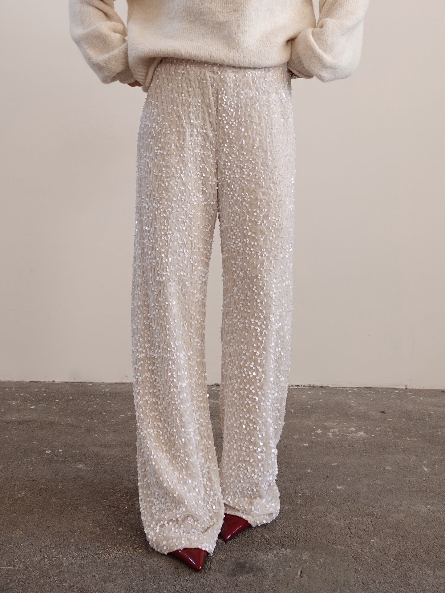 PANTALONI IN CINIGLIA CON PAILLETTES - PANNA 10460