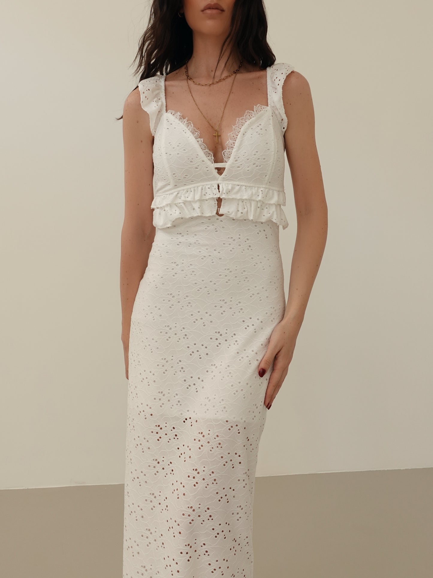 LONG DRESS IN PIZZO SANGALLO - BIANCO 1348