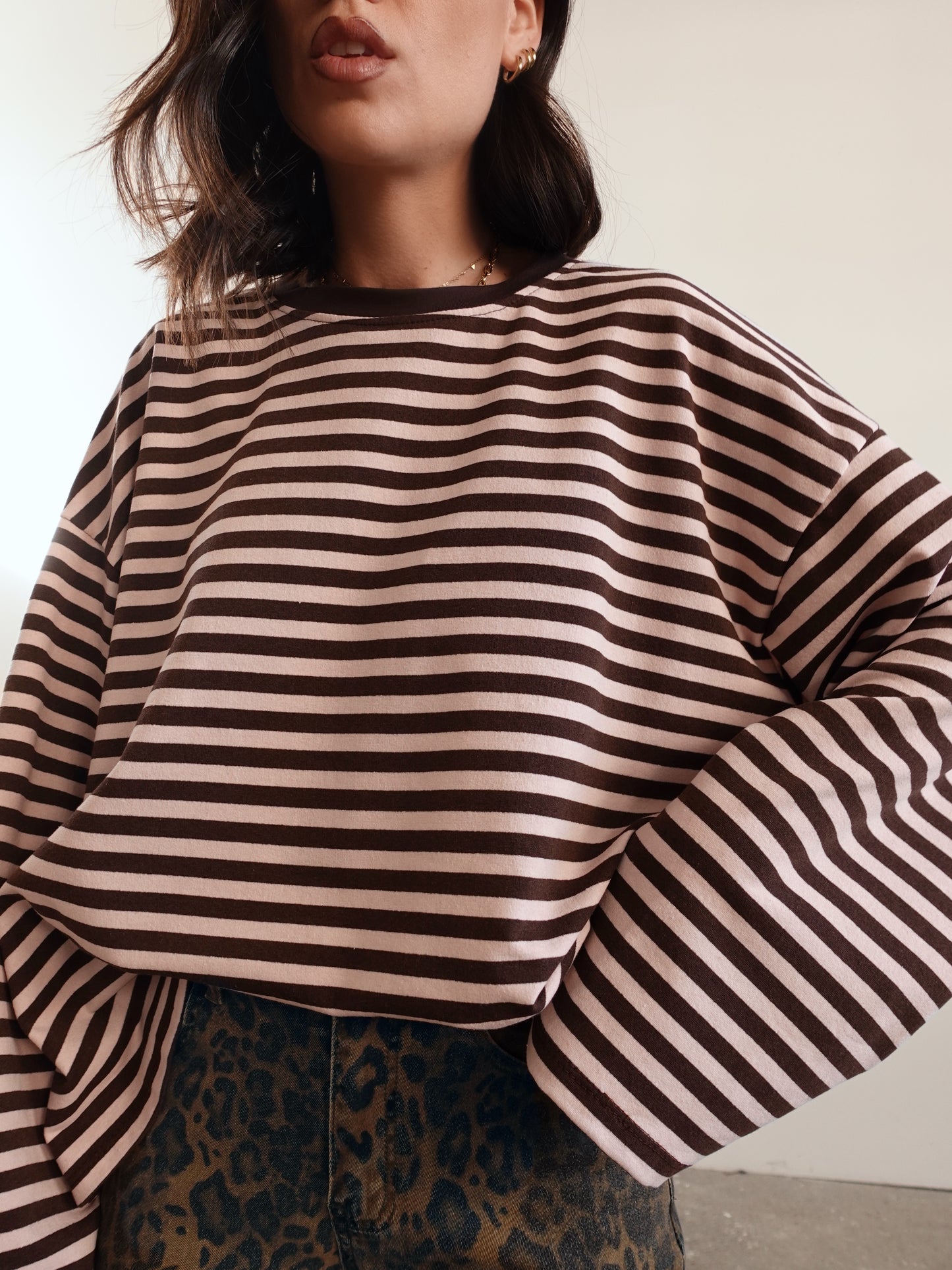 LONG-SLEEVE A RIGHE - ROSA/MARRONE F1109