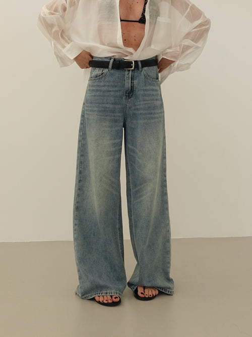 JEANS WIDE LEG SABBIATO CON CINTURA - LAVAGGIO MEDIO 66381