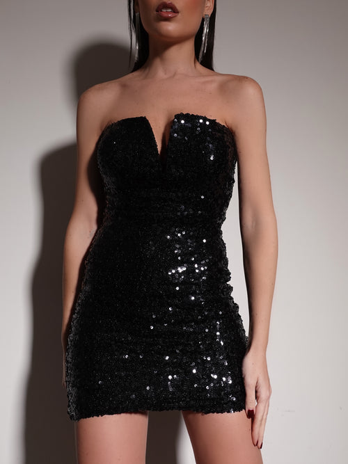 MINI DRESS IN PAILLETTES CON FIOCCO IN RASO SUL RETRO - NERO 39364