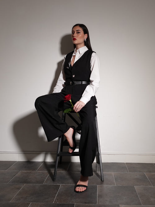JUMPSUIT CON STRASS E CINTURINO - NERO 8711