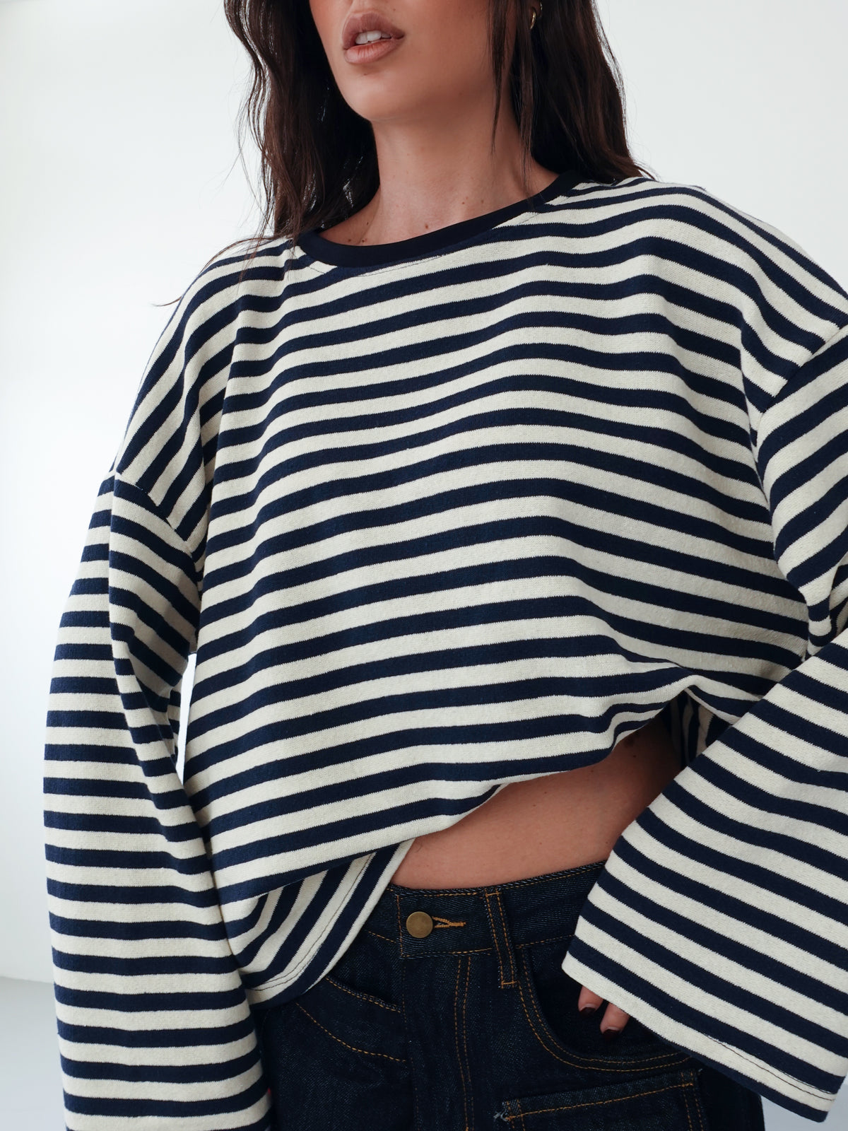 LONG-SLEEVE A RIGHE - BURRO/BLU F1109