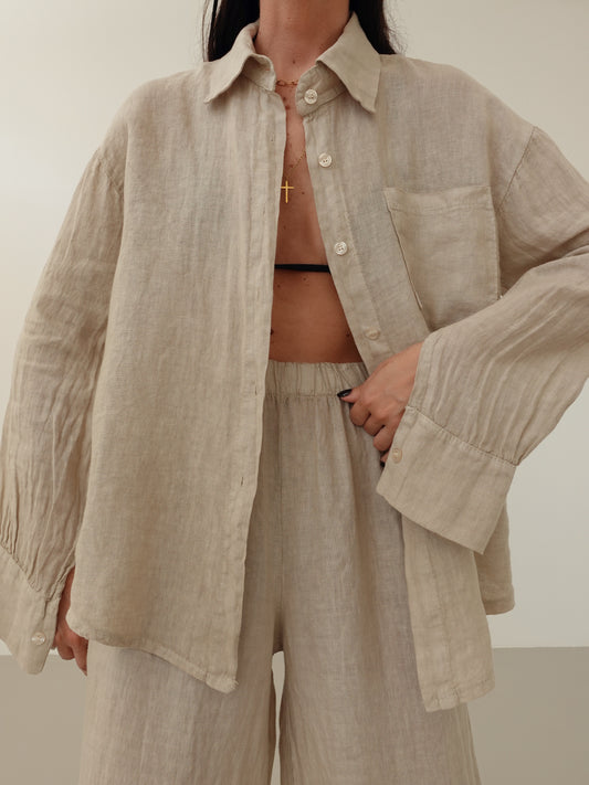 CAMICIA CON TASCHINO IN 100% LINO - BEIGE 8612-1