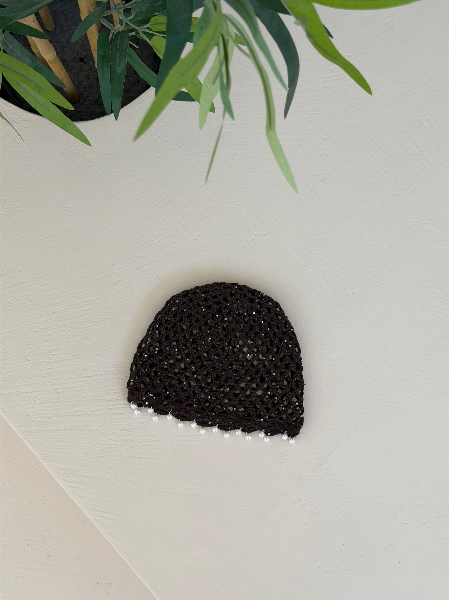 CUFFIETTA CROCHET CON PERLINE - CIOCCOLATO