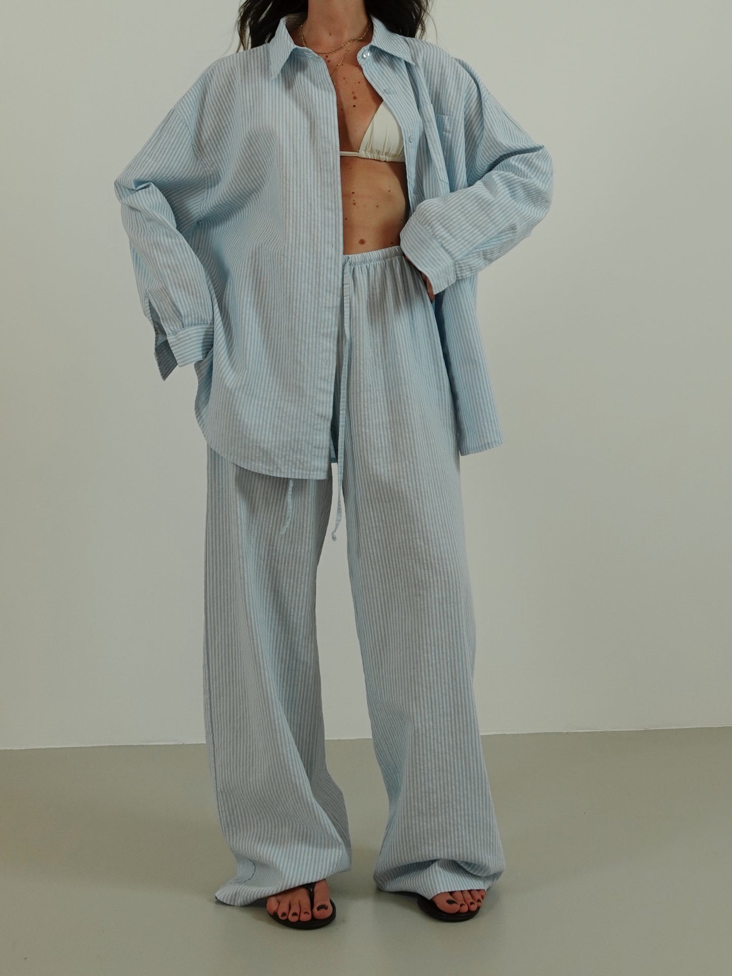 PANTALONI MILLERIGHE MISTO LINO - AZZURRO 2548