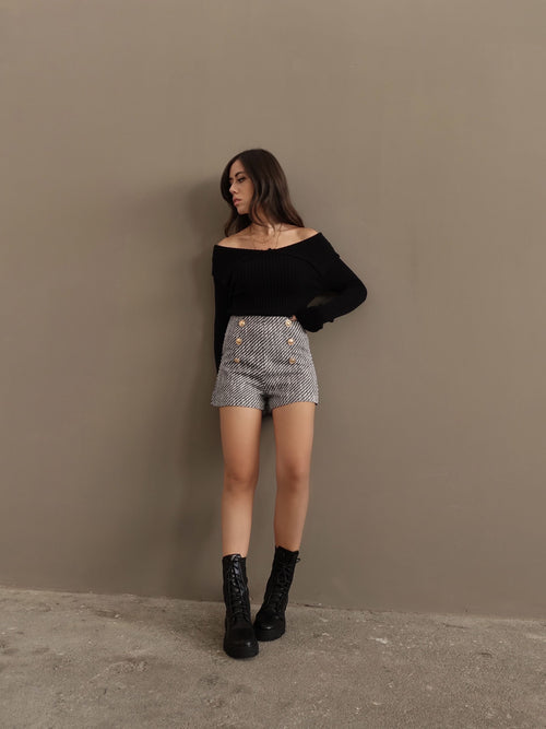 SHORTS IN TWEED CON BOTTONI ORO - BIANCO-NERO 4935