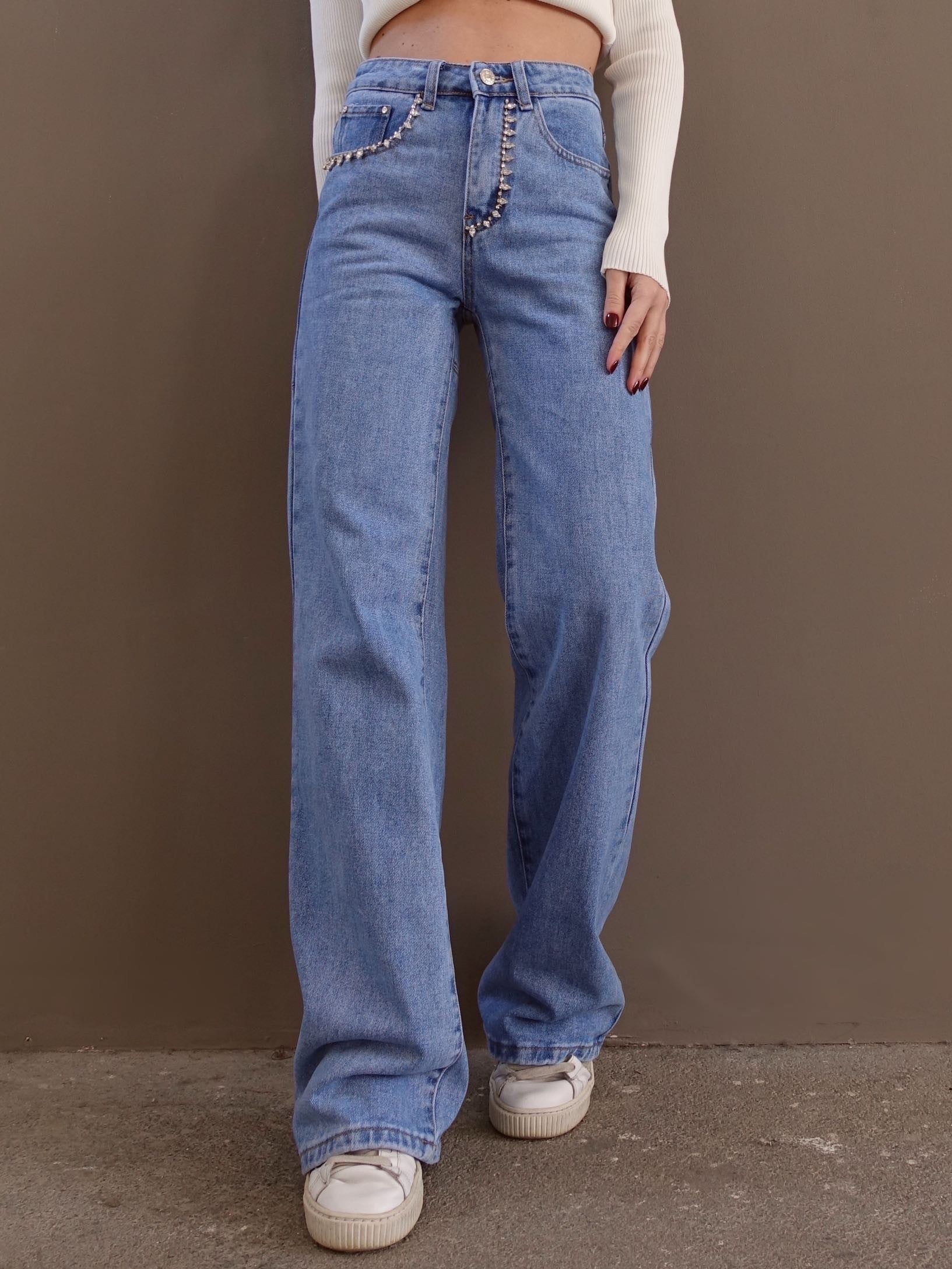 JEANS WIDE LEG CON STRASS E TAGLI SUL RETRO - Y902
